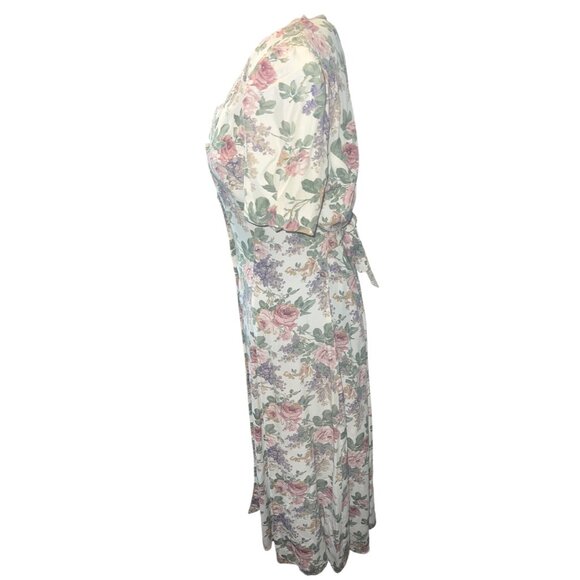 Vintage 90s En Focus Floral V Neck Lace Cottage Core Shoulder Pads Dress medium - Picture 2 of 9